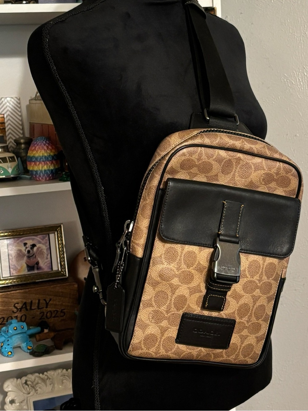 COACH Brown Signature Canvas Messenger Crossbody Bag with Black Leather Badge
